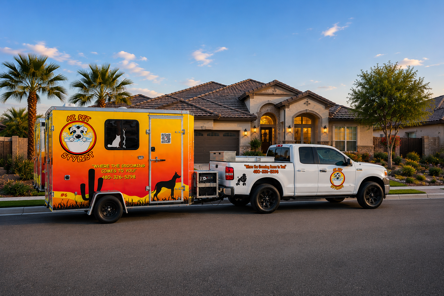 AZ Pet Stylist mobile grooming trailer and truck ready for appointments